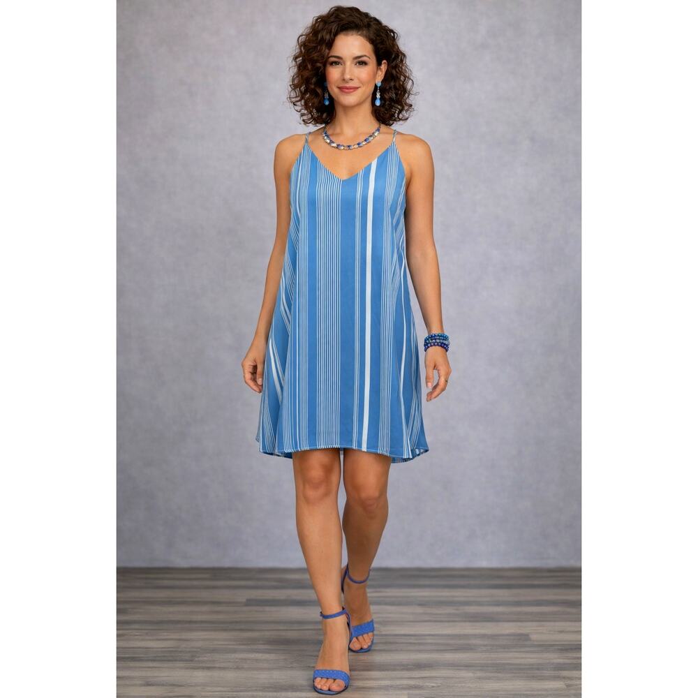 Three Eighty Two Juliana Trapeze Mini Dress - Blue/White - size S